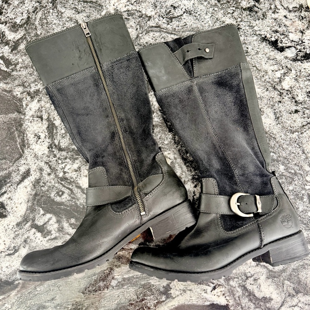 Timberland Black Leather & Suede Mid-Calf Riding Boots